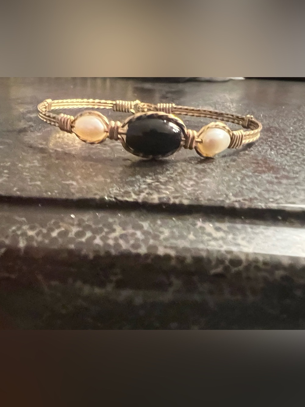Gold Wire-Wrapped Bracelet with Black Onyx and Pearl Accents Ronaldo brand